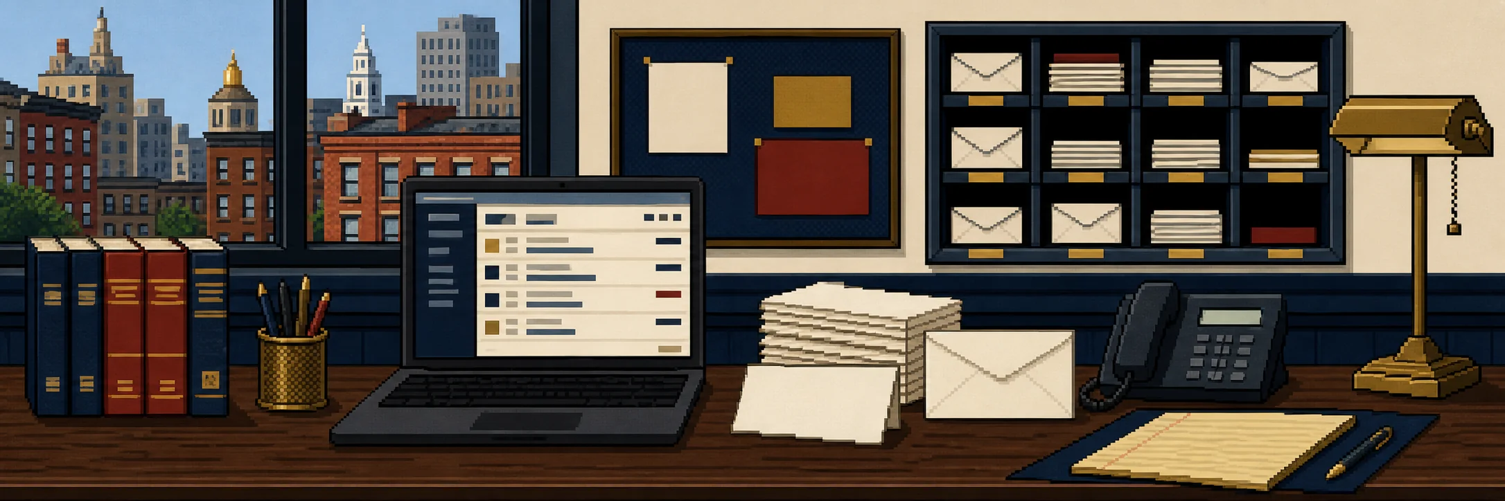 A shared office desk with an inbox, envelopes, a phone and Boston buildings outside.
