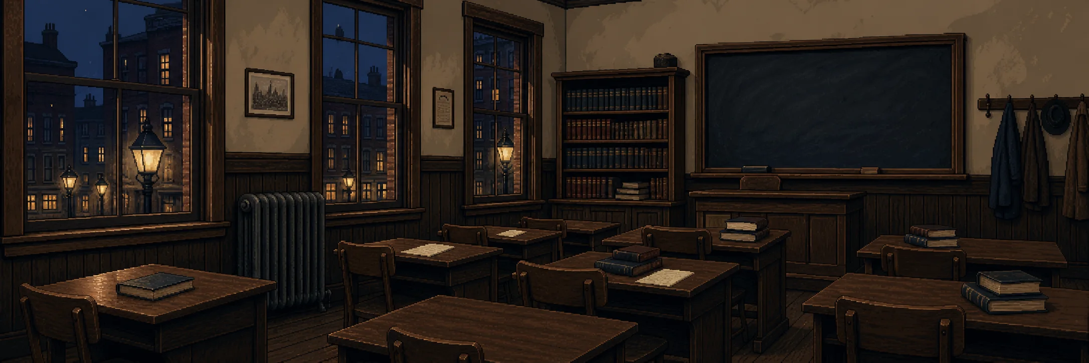 An early twentieth-century evening law classroom with wooden desks and law books.