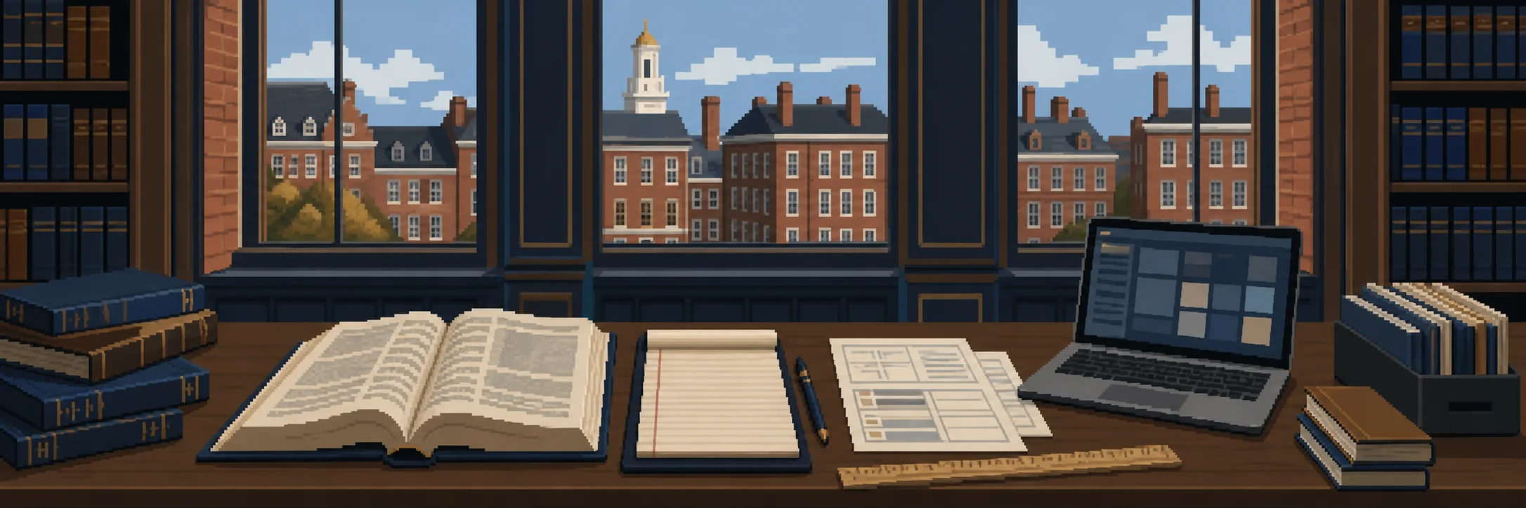 Pixel-art law-library table with books, a laptop and Boston brick buildings outside.