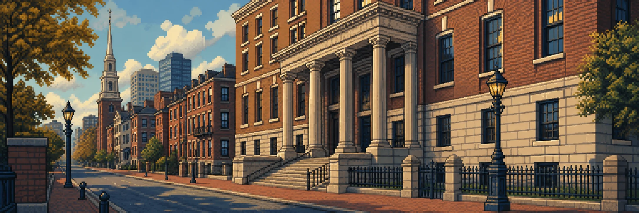 Pixel-art view of a Suffolk-inspired law school building on a Boston street.