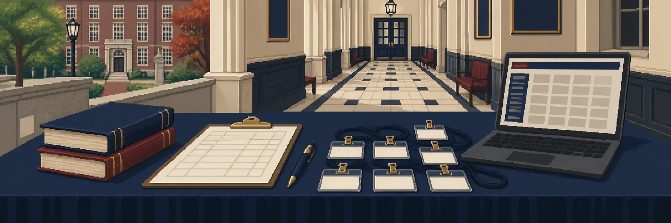 A membership table with a blank roster, name badges, law books and a laptop.