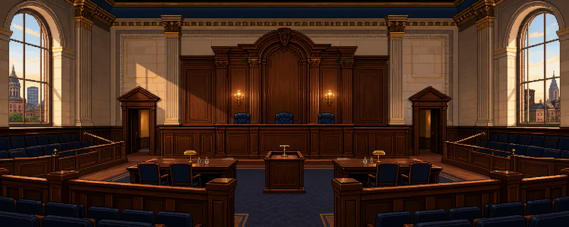 A modern law-school moot courtroom.