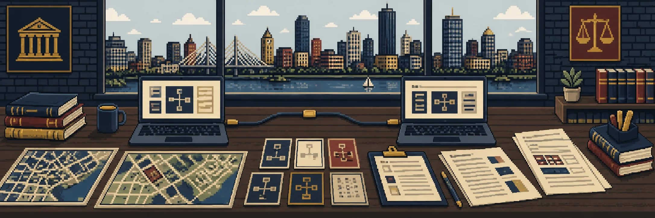 A table with campus maps, court forms and two connected laptops.