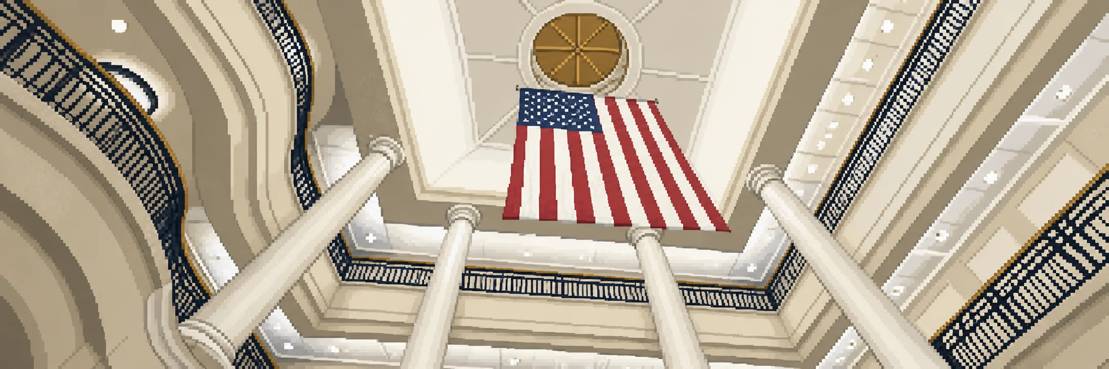 Sargent Hall’s central atrium, viewed upward past its columns and suspended American flag.